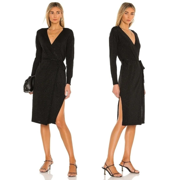 Lovers + Friends Azita Wrap Midi Dress Women M Minimalist Clubwear Goth Cocktail - Picture 1 of 13